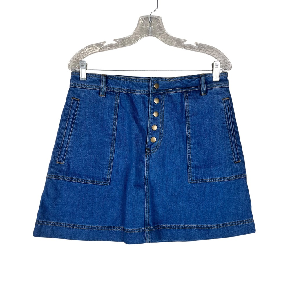 Free People Denim Mini Skirt Blue Button Front A-Line Size 31 Mid Wash